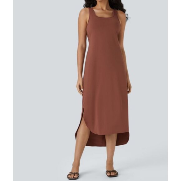 Halara U Neck Sleeveless Backless Midi Dress Sz Small Burnt Orange Red Cut Out R - Picture 8 of 11